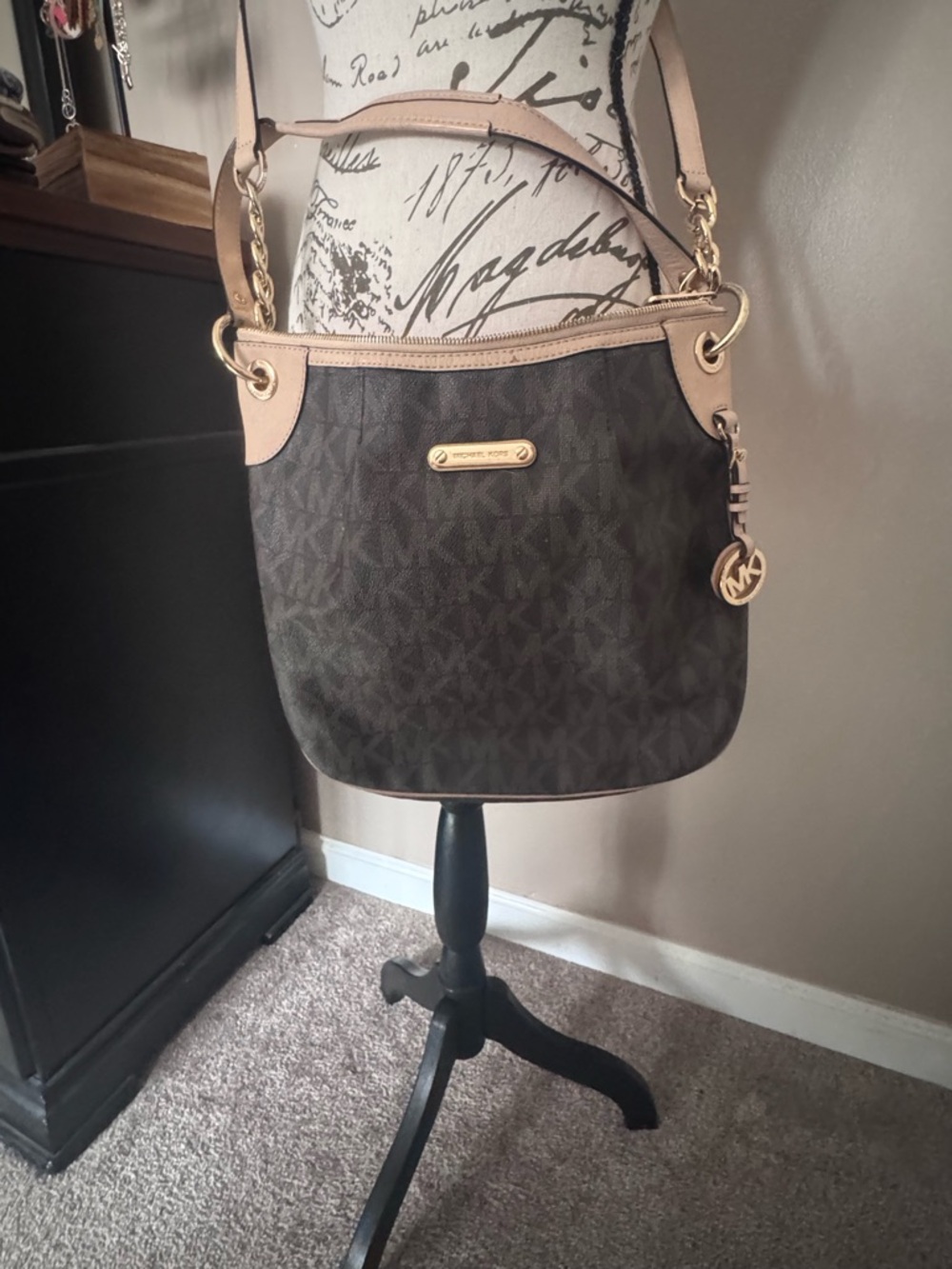 Michael Kors Dark Brown Logo Crossbody with Beige Trim
